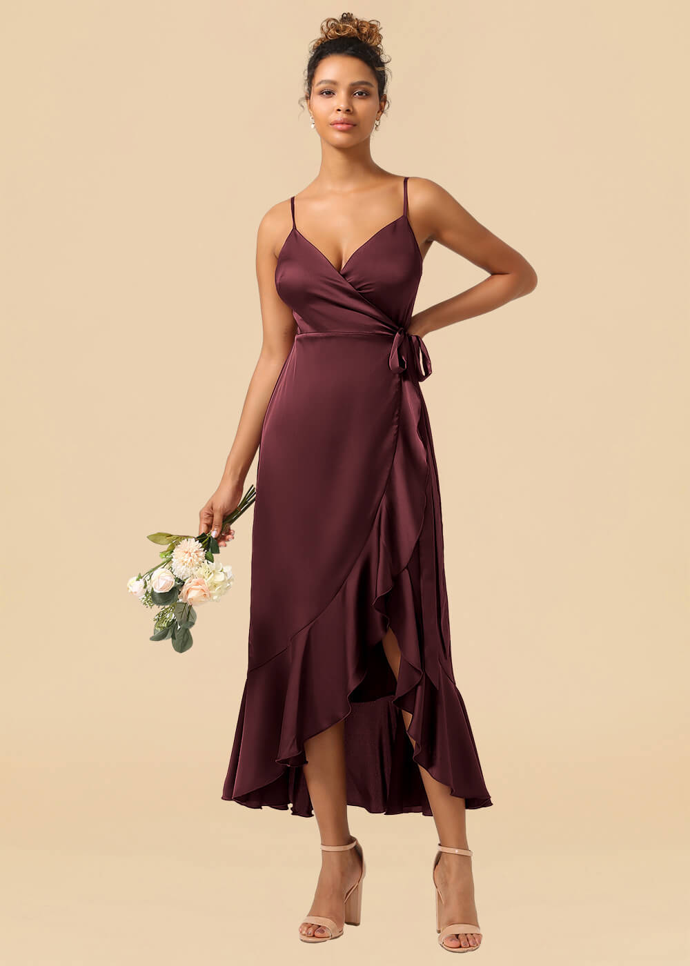 V-neck Spaghetti Strap Ruffles Asymmetrical Long Satin Bridesmaid Dress