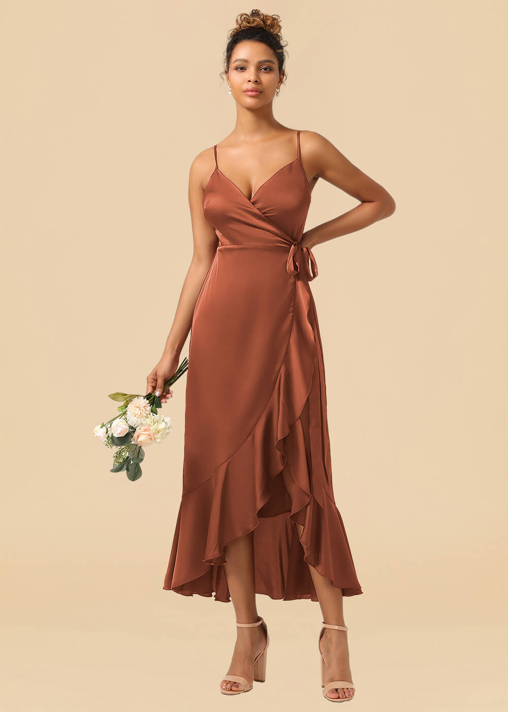 V-neck Spaghetti Strap Ruffles Asymmetrical Long Satin Bridesmaid Dress