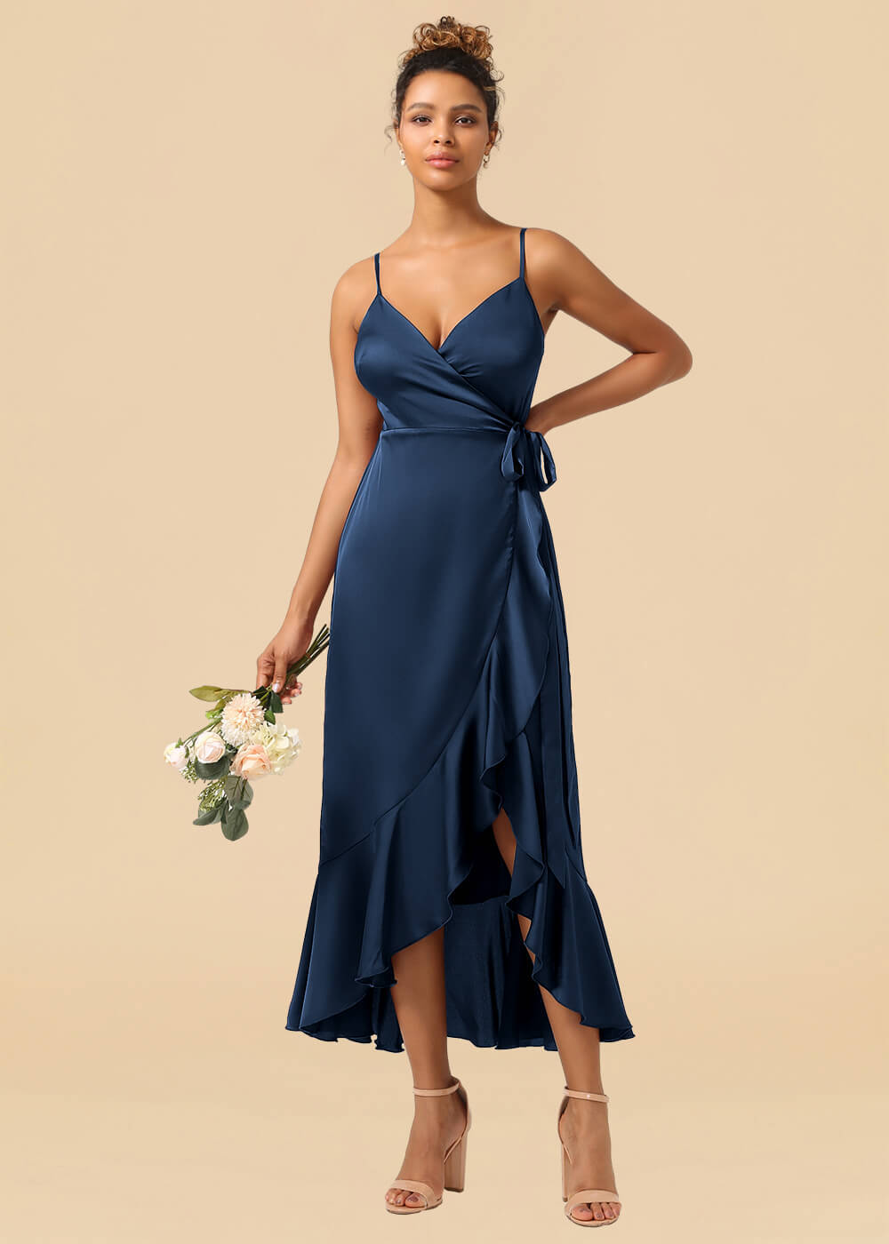 V-neck Spaghetti Strap Ruffles Asymmetrical Long Satin Bridesmaid Dress