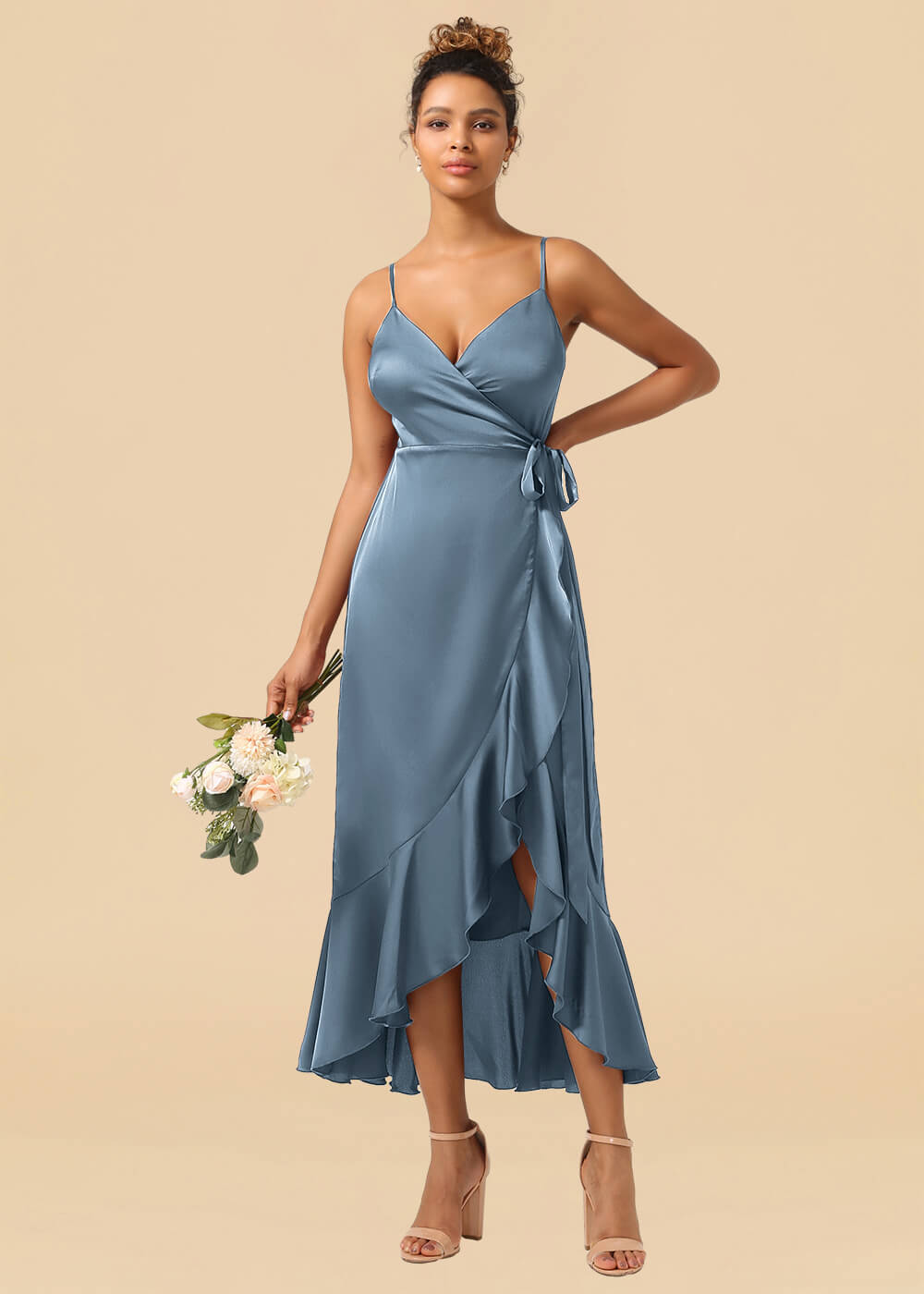 V-neck Spaghetti Strap Ruffles Asymmetrical Long Satin Bridesmaid Dress
