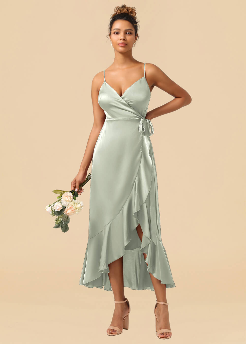 V-neck Spaghetti Strap Ruffles Asymmetrical Long Satin Bridesmaid Dress