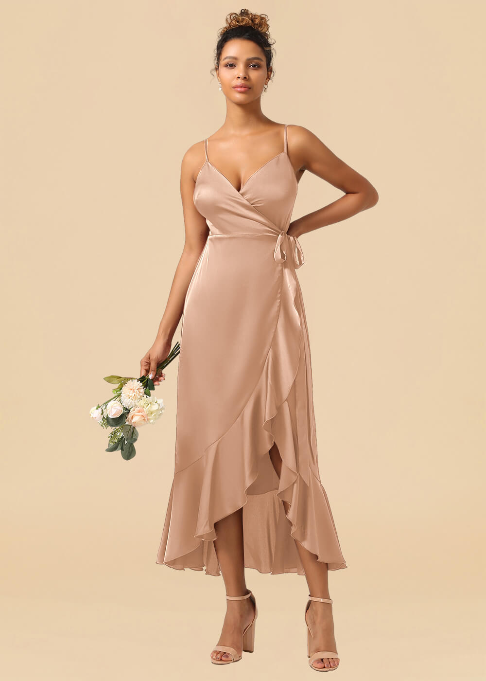 V-neck Spaghetti Strap Ruffles Asymmetrical Long Satin Bridesmaid Dress