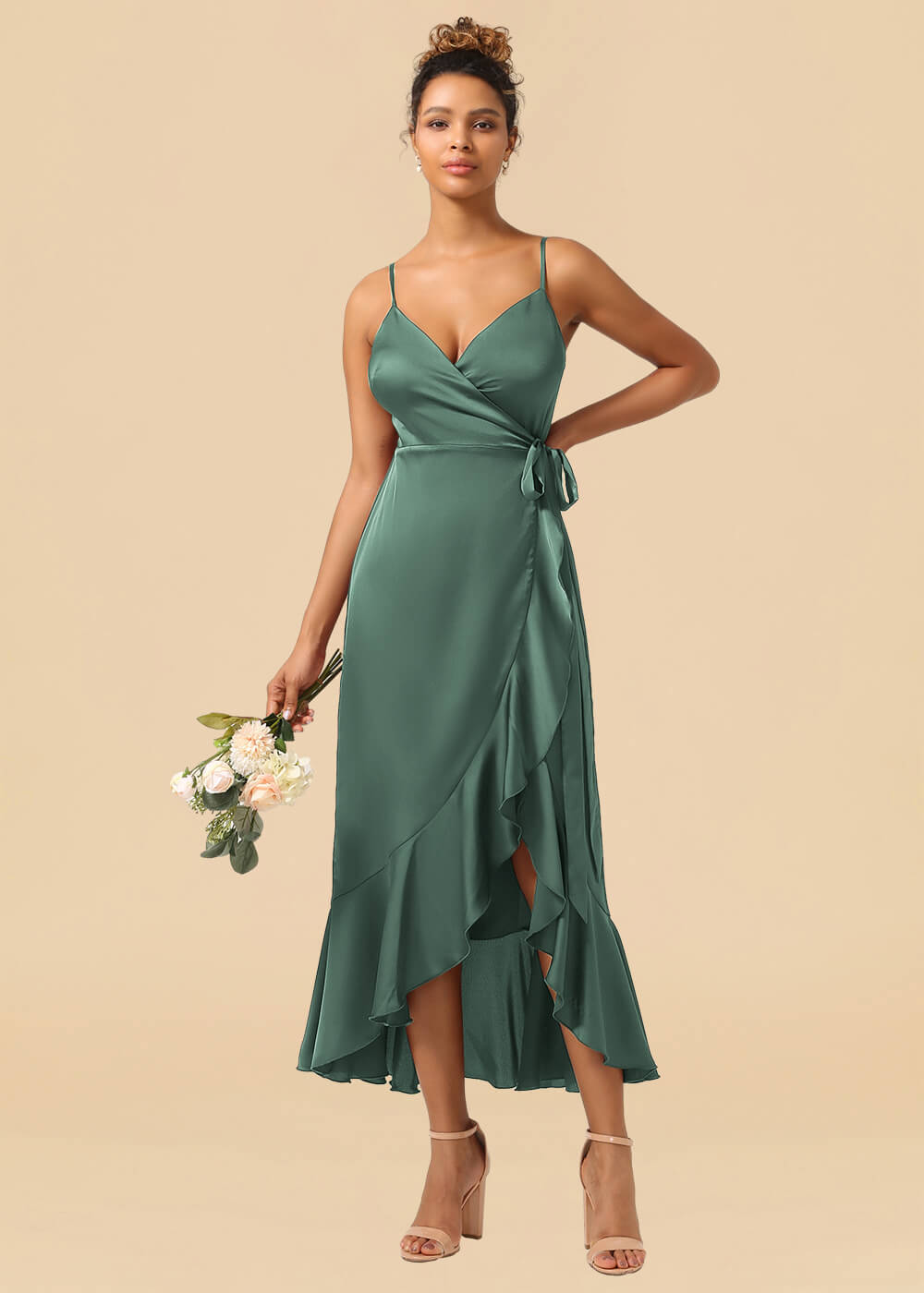 V-neck Spaghetti Strap Ruffles Asymmetrical Long Satin Bridesmaid Dress