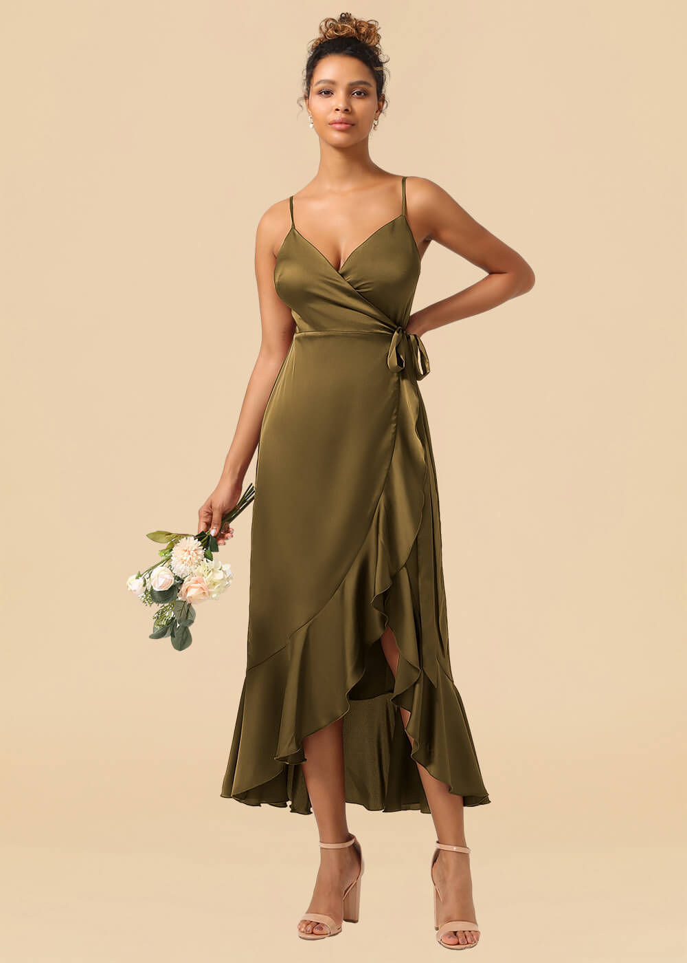 V-neck Spaghetti Strap Ruffles Asymmetrical Long Satin Bridesmaid Dress