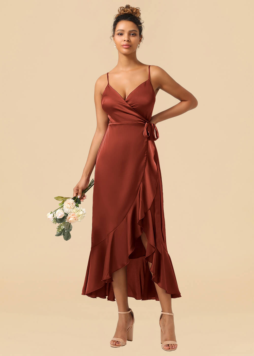V-neck Spaghetti Strap Ruffles Asymmetrical Long Satin Bridesmaid Dress