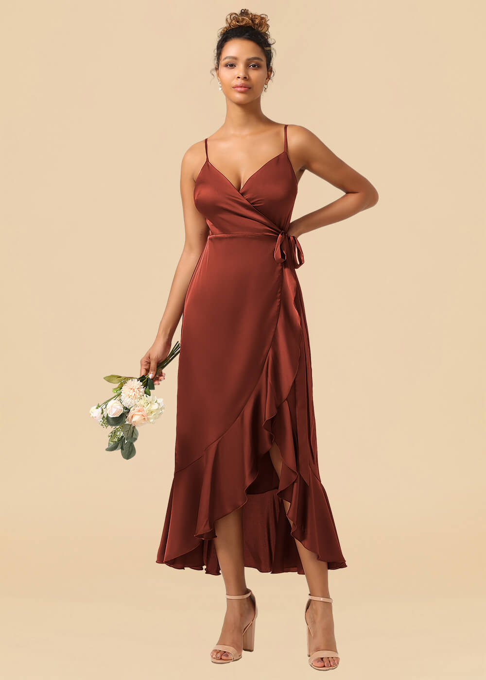 V-neck Spaghetti Strap Ruffles Asymmetrical Long Satin Bridesmaid Dress