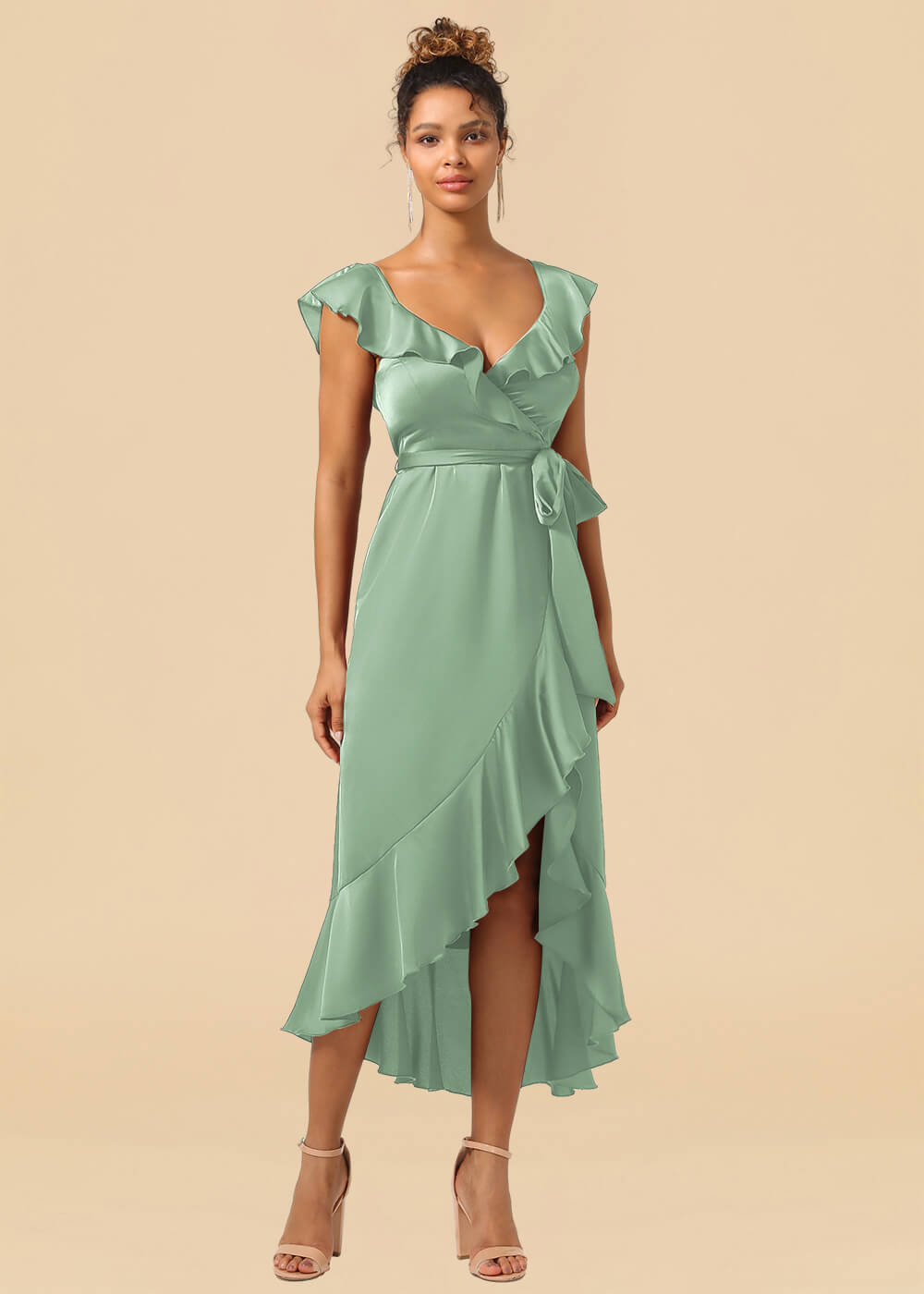 V-neck Ruffles A-line Satin Tea Length Wrap Bridesmaid Dress