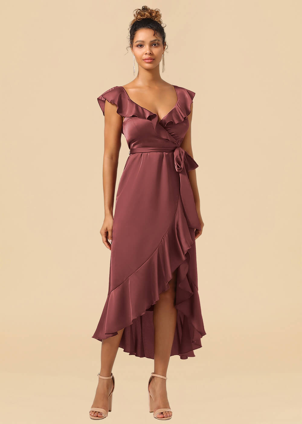 V-neck Ruffles A-line Satin Tea Length Wrap Bridesmaid Dress