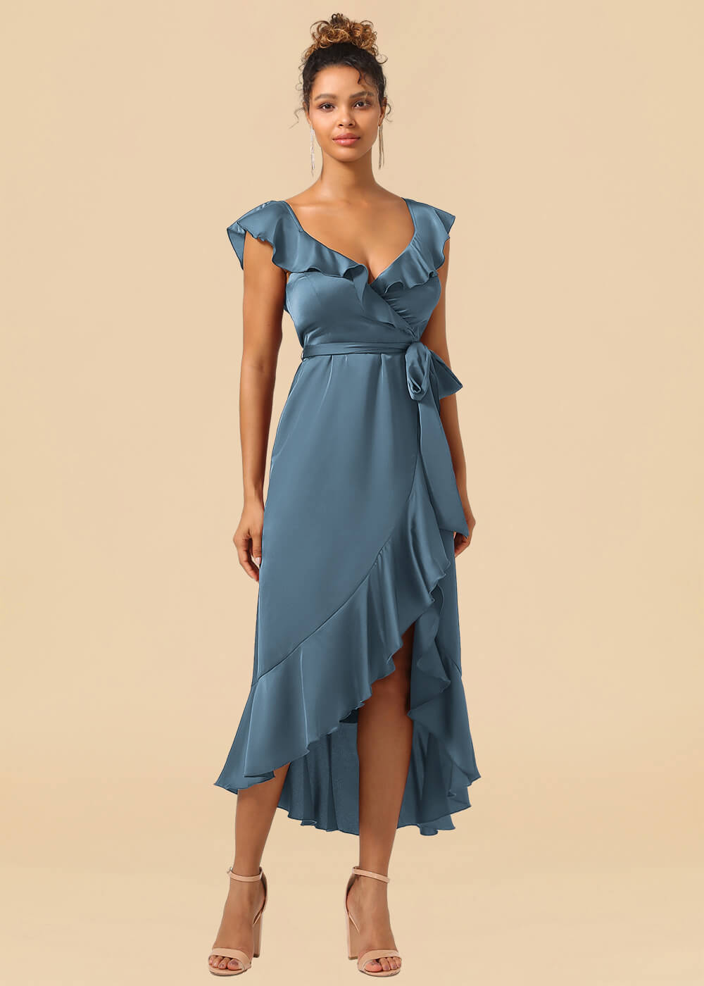 V-neck Ruffles A-line Satin Tea Length Wrap Bridesmaid Dress