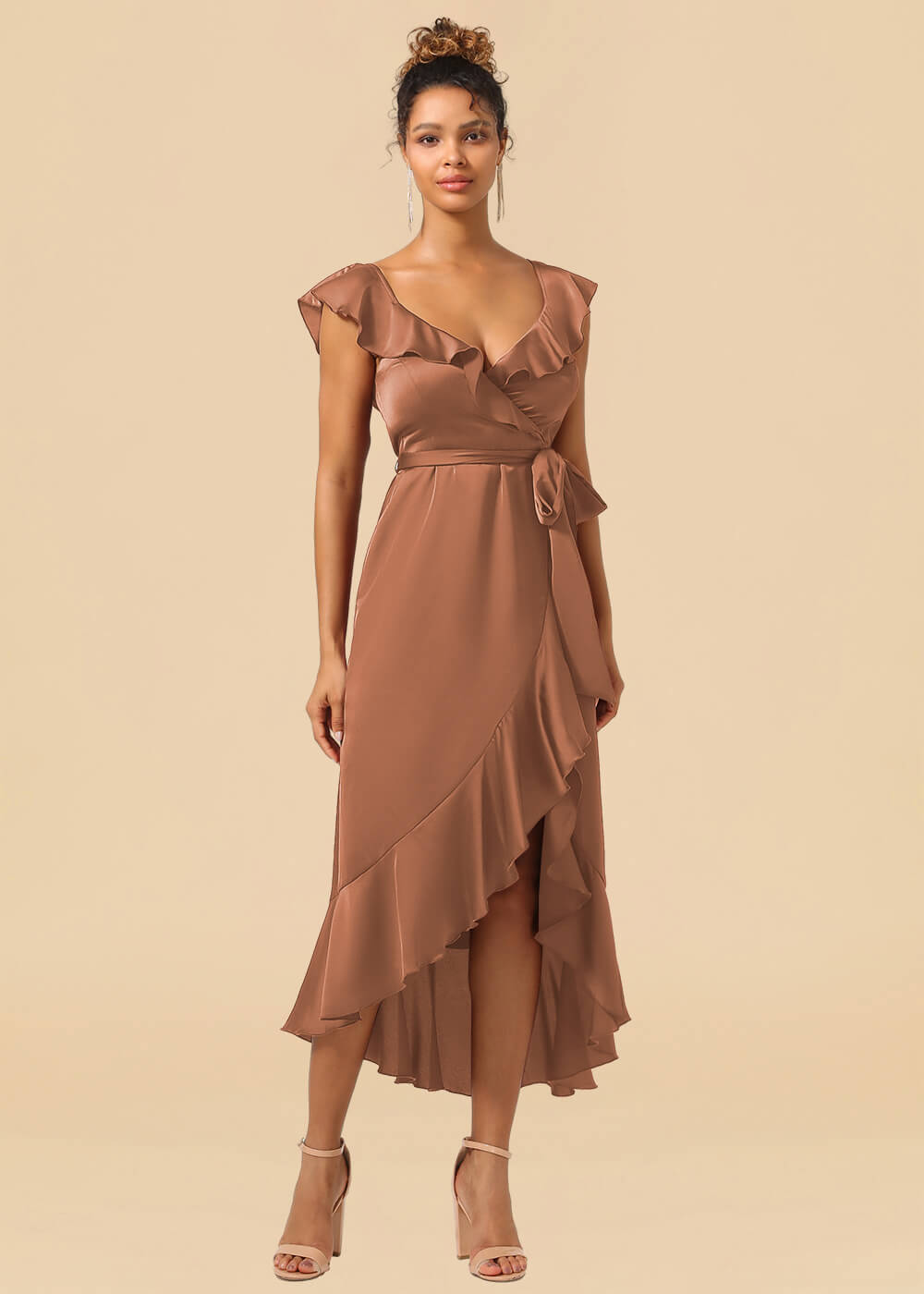 V-neck Ruffles A-line Satin Tea Length Wrap Bridesmaid Dress