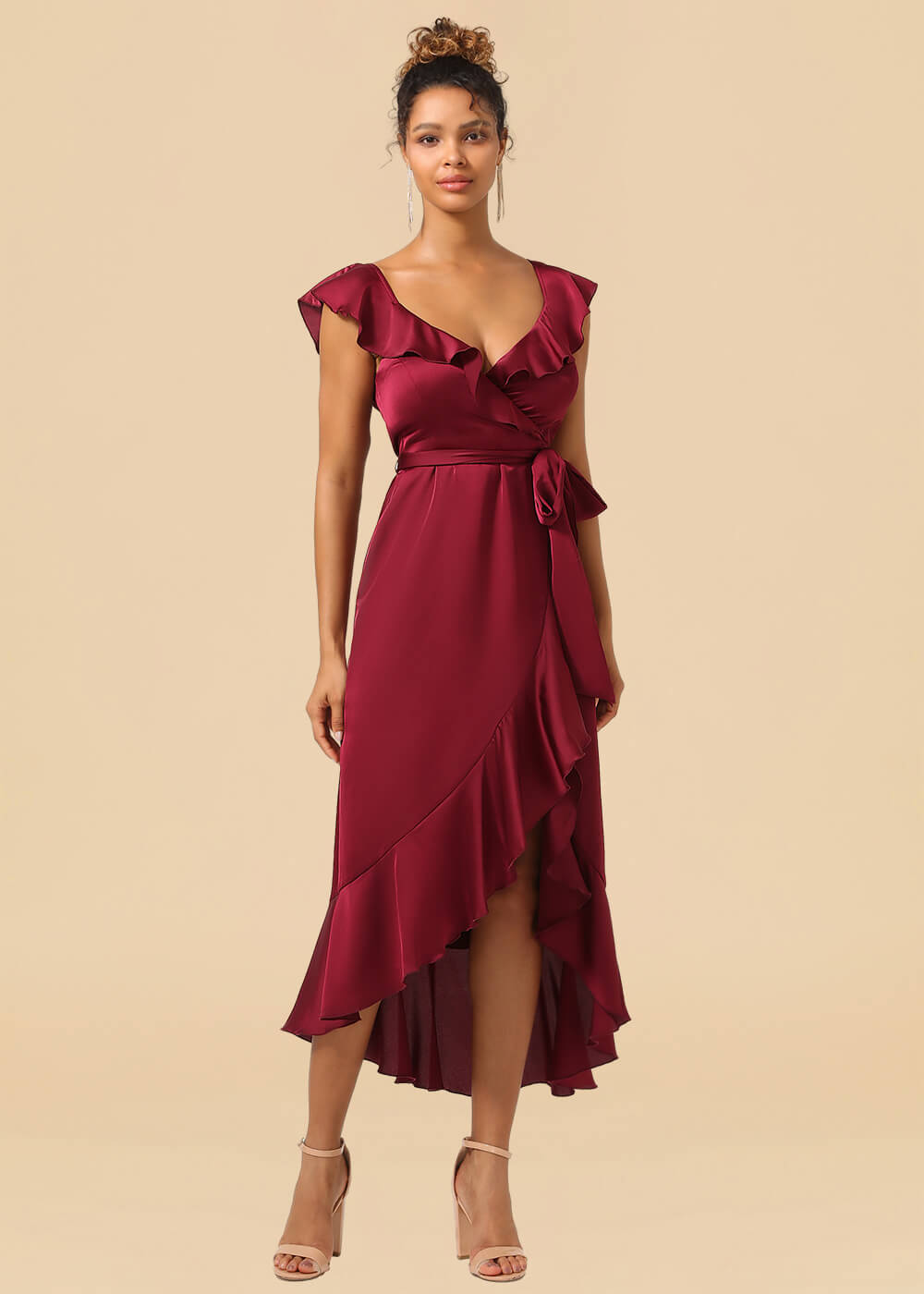 V-neck Ruffles A-line Satin Tea Length Wrap Bridesmaid Dress
