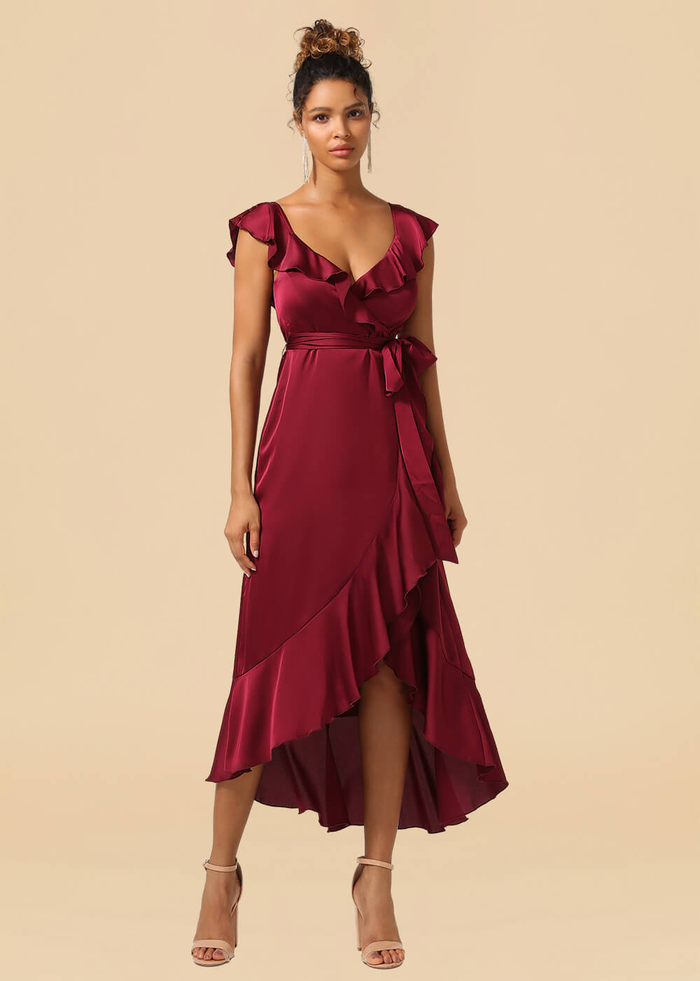 V-neck Ruffles A-line Satin Tea Length Wrap Bridesmaid Dress