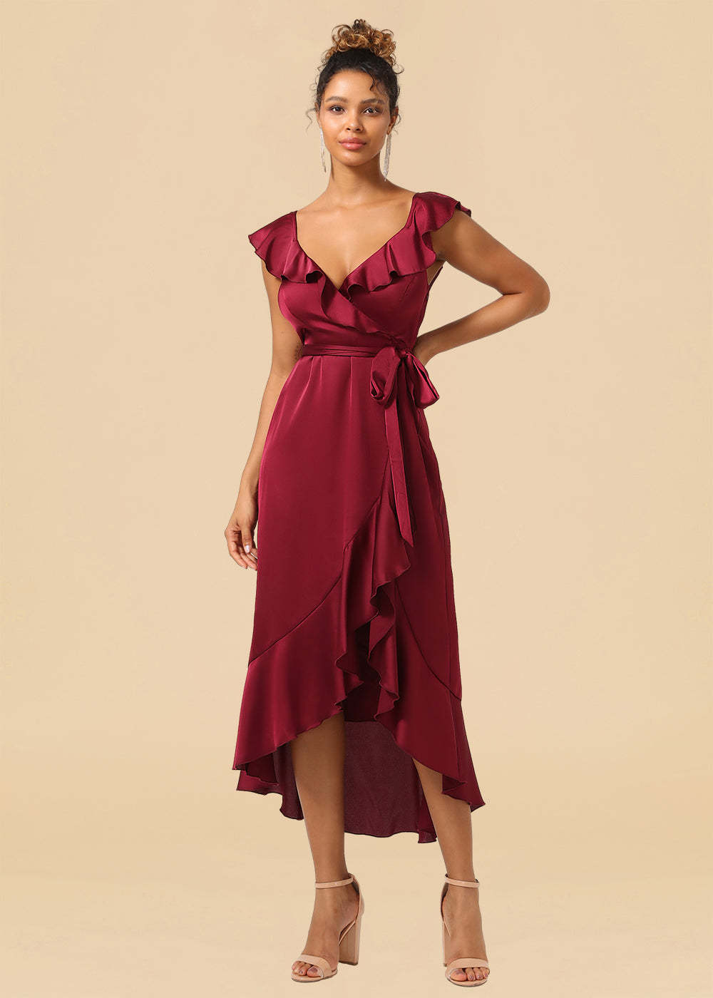 V-neck Ruffles A-line Satin Tea Length Wrap Bridesmaid Dress