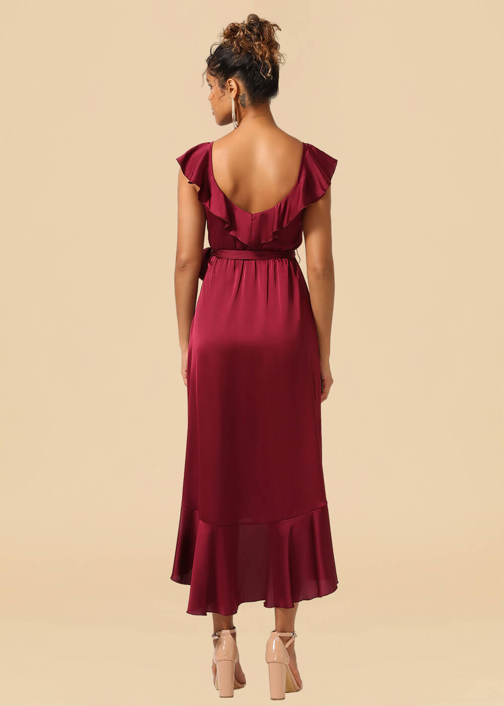 V-neck Ruffles A-line Satin Tea Length Wrap Bridesmaid Dress