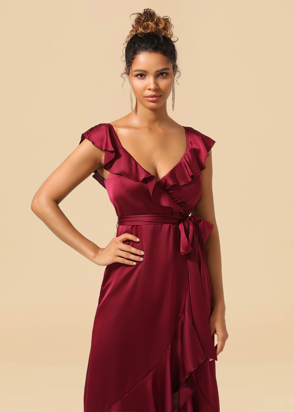 V-neck Ruffles A-line Satin Tea Length Wrap Bridesmaid Dress