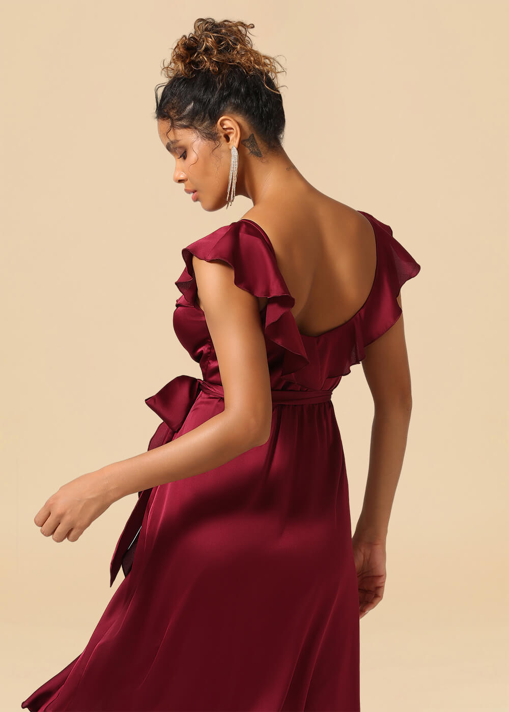 V-neck Ruffles A-line Satin Tea Length Wrap Bridesmaid Dress