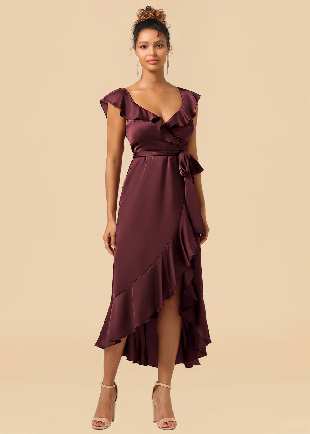 V-neck Ruffles A-line Satin Tea Length Wrap Bridesmaid Dress