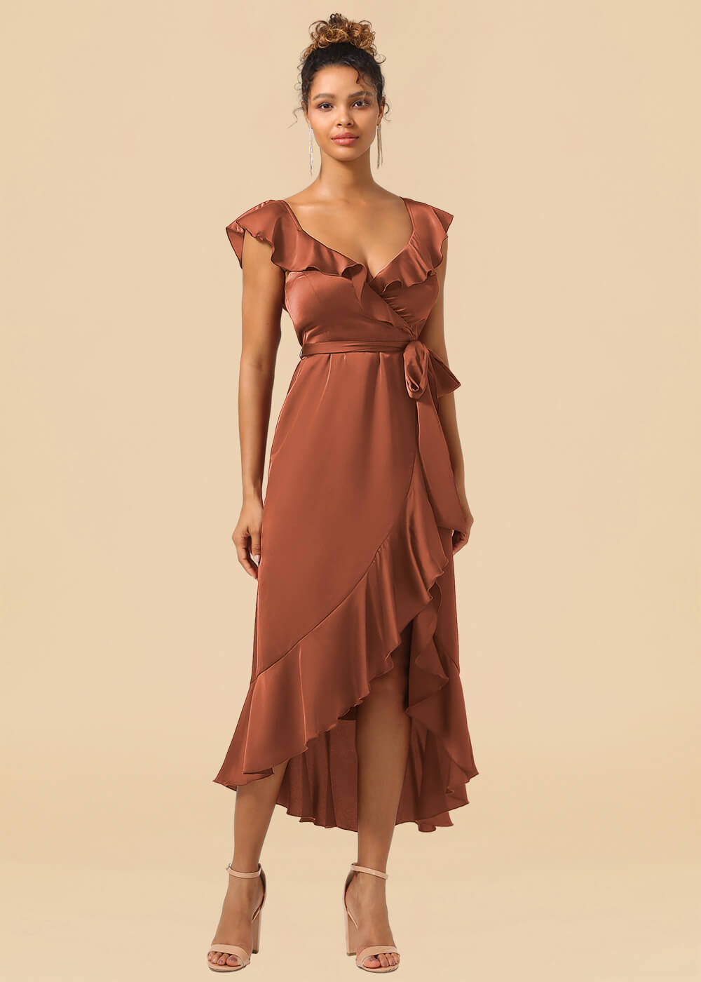 V-neck Ruffles A-line Satin Tea Length Wrap Bridesmaid Dress
