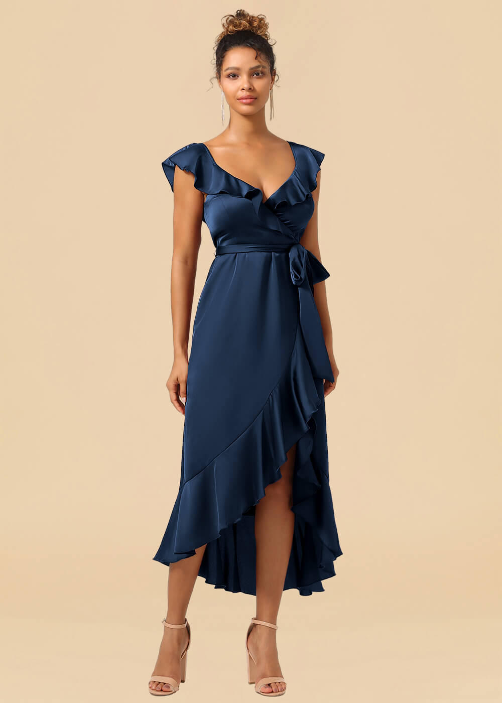 V-neck Ruffles A-line Satin Tea Length Wrap Bridesmaid Dress