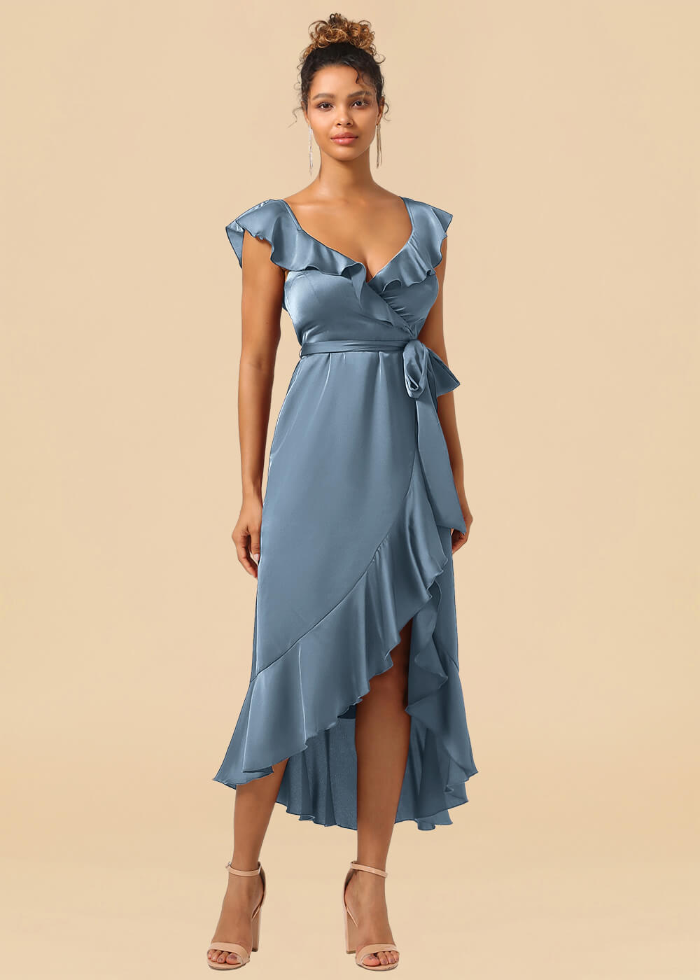 V-neck Ruffles A-line Satin Tea Length Wrap Bridesmaid Dress