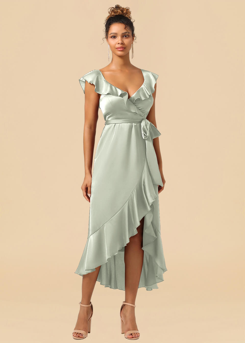 V-neck Ruffles A-line Satin Tea Length Wrap Bridesmaid Dress