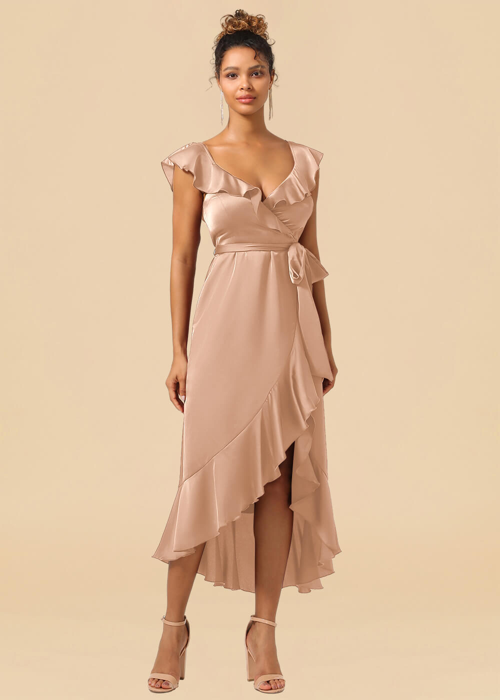 V-neck Ruffles A-line Satin Tea Length Wrap Bridesmaid Dress