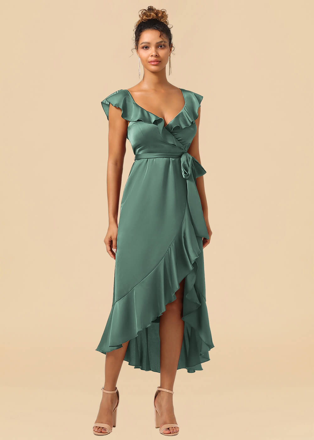 V-neck Ruffles A-line Satin Tea Length Wrap Bridesmaid Dress