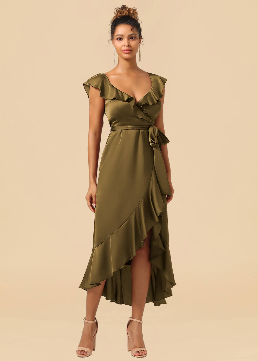 V-neck Ruffles A-line Satin Tea Length Wrap Bridesmaid Dress
