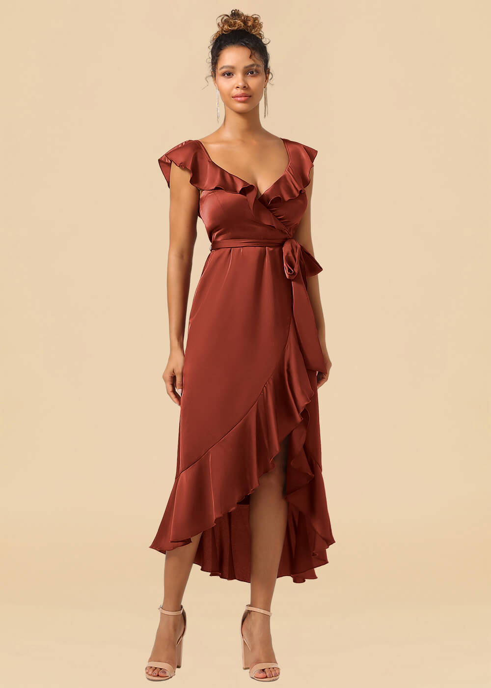 V-neck Ruffles A-line Satin Tea Length Wrap Bridesmaid Dress
