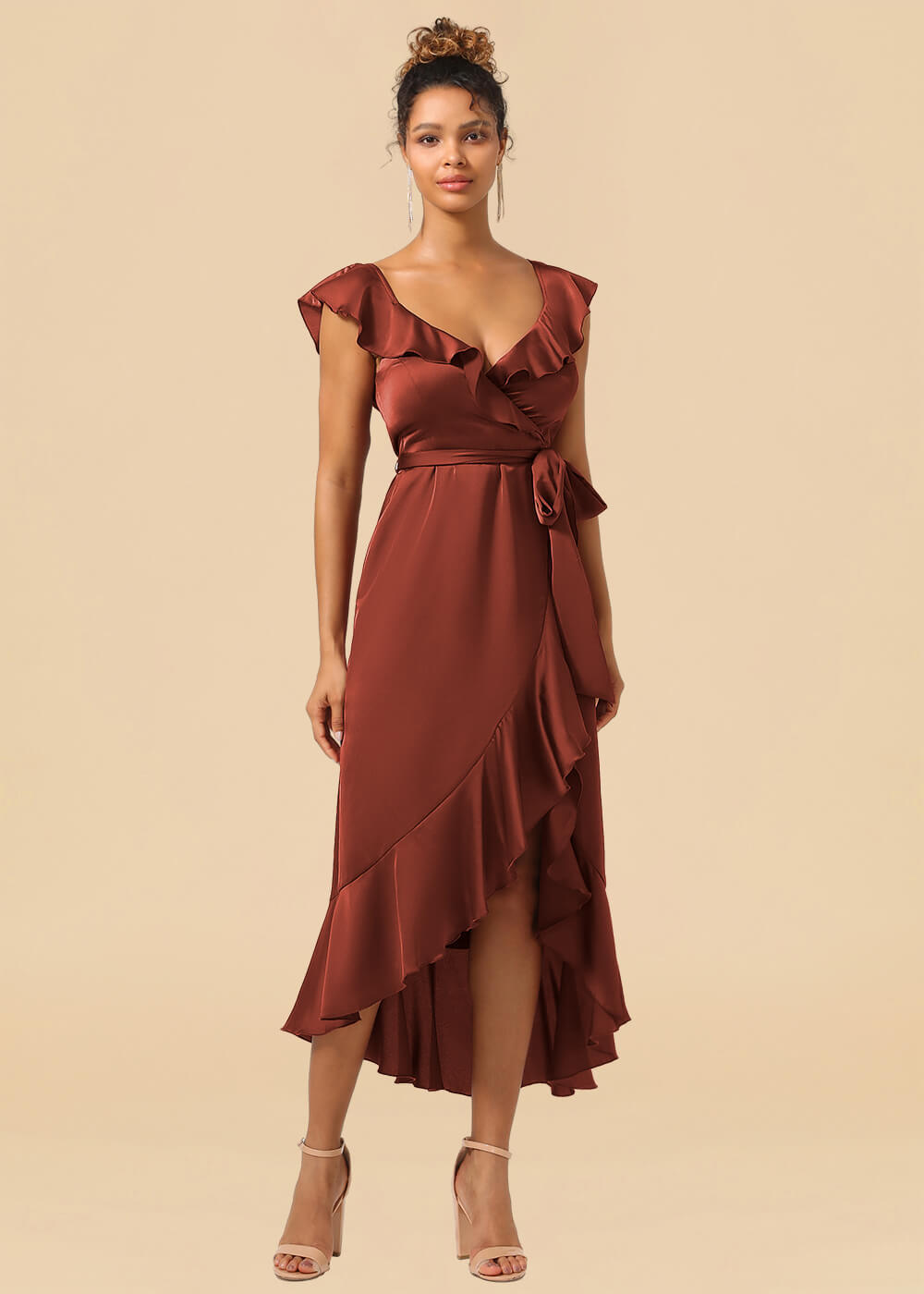 V-neck Ruffles A-line Satin Tea Length Wrap Bridesmaid Dress