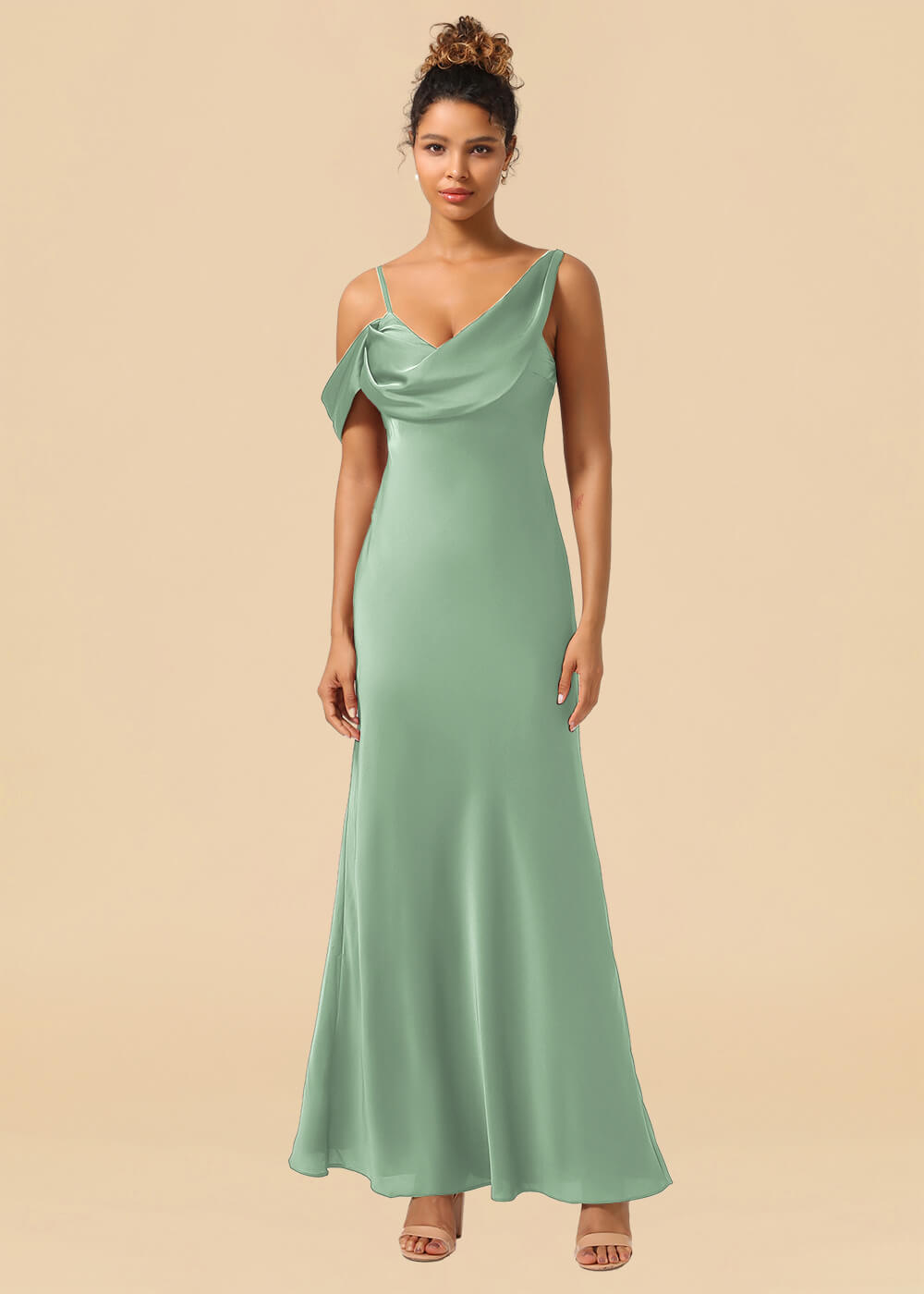 One Shoulder Spaghetti Strap Satin A-line Long Bridesmaid Dress