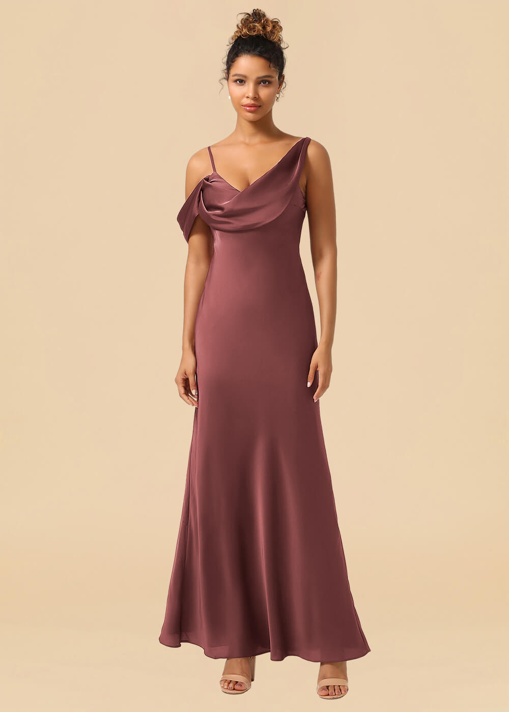 One Shoulder Spaghetti Strap Satin A-line Long Bridesmaid Dress