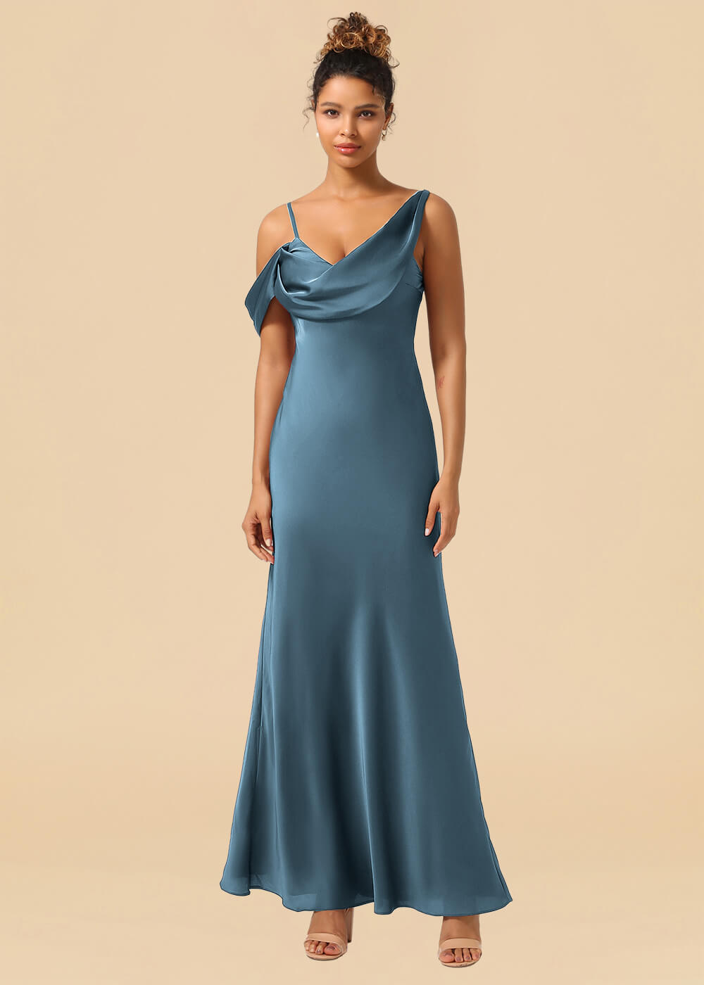 One Shoulder Spaghetti Strap Satin A-line Long Bridesmaid Dress