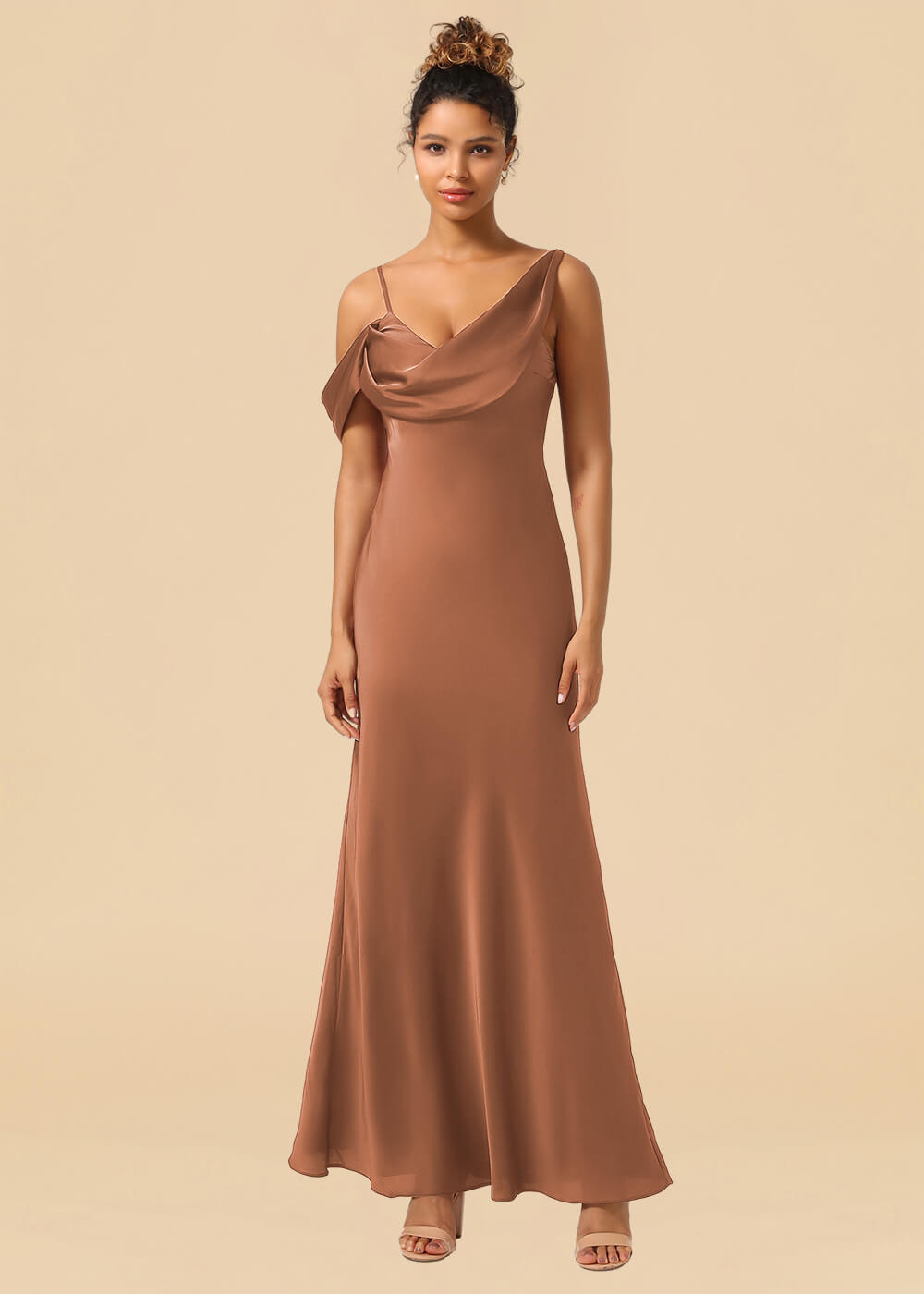 One Shoulder Spaghetti Strap Satin A-line Long Bridesmaid Dress