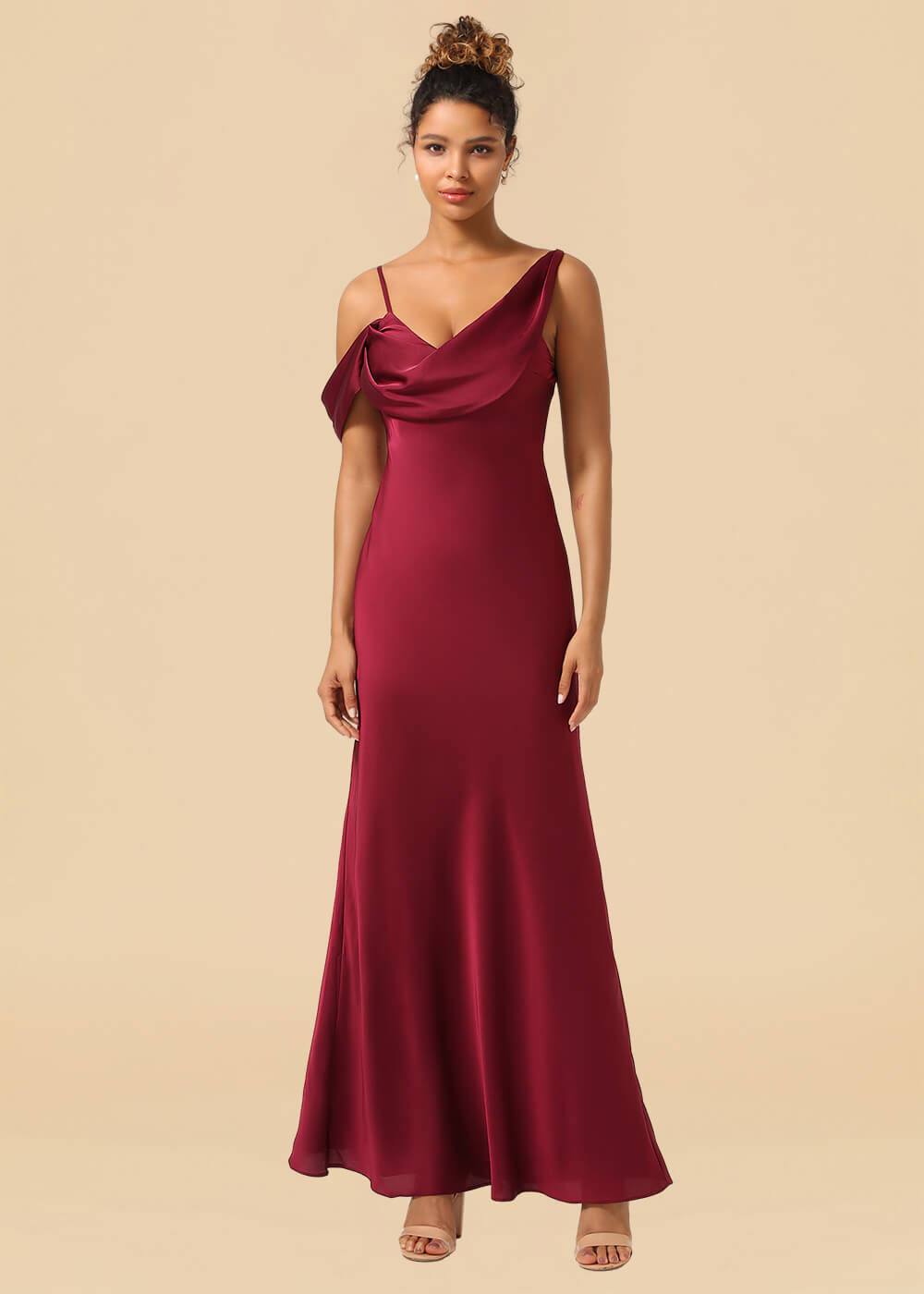 One Shoulder Spaghetti Strap Satin A-line Long Bridesmaid Dress