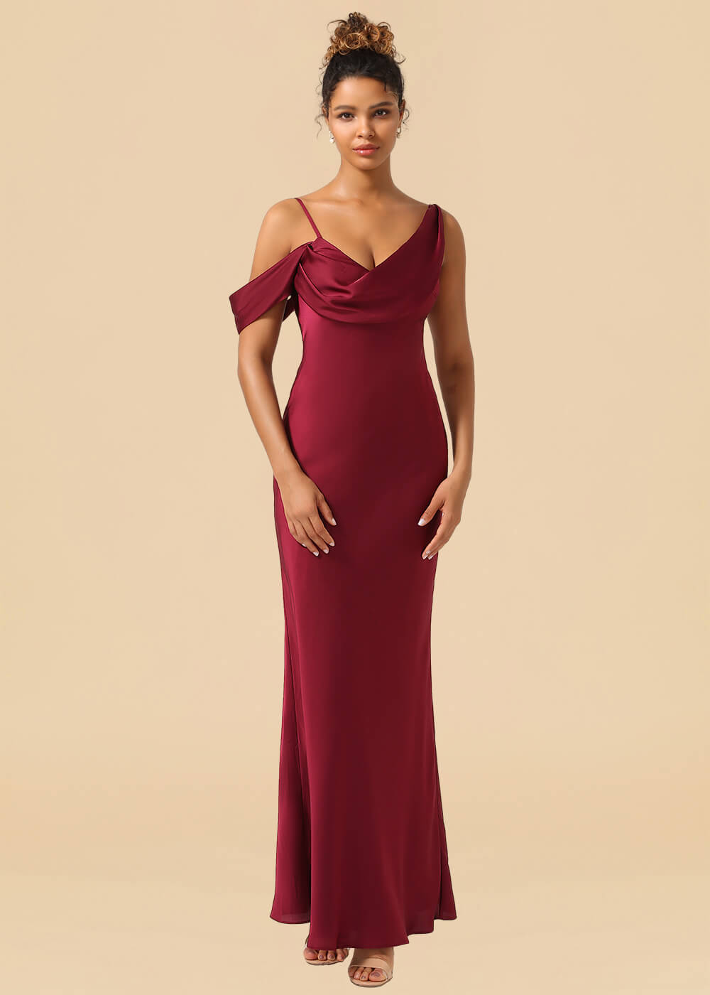 One Shoulder Spaghetti Strap Satin A-line Long Bridesmaid Dress