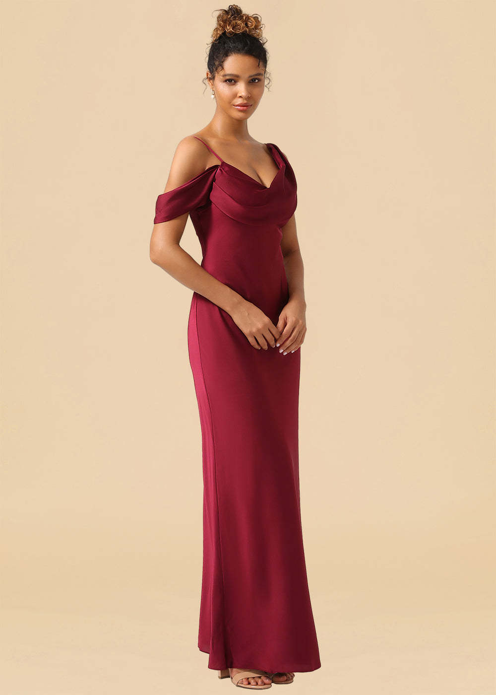 One Shoulder Spaghetti Strap Satin A-line Long Bridesmaid Dress