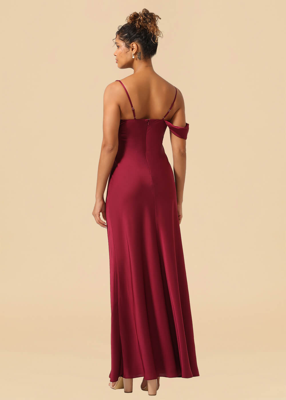 One Shoulder Spaghetti Strap Satin A-line Long Bridesmaid Dress