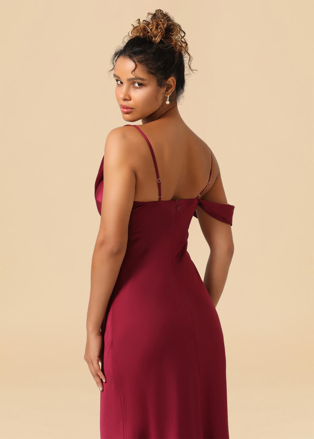 One Shoulder Spaghetti Strap Satin A-line Long Bridesmaid Dress