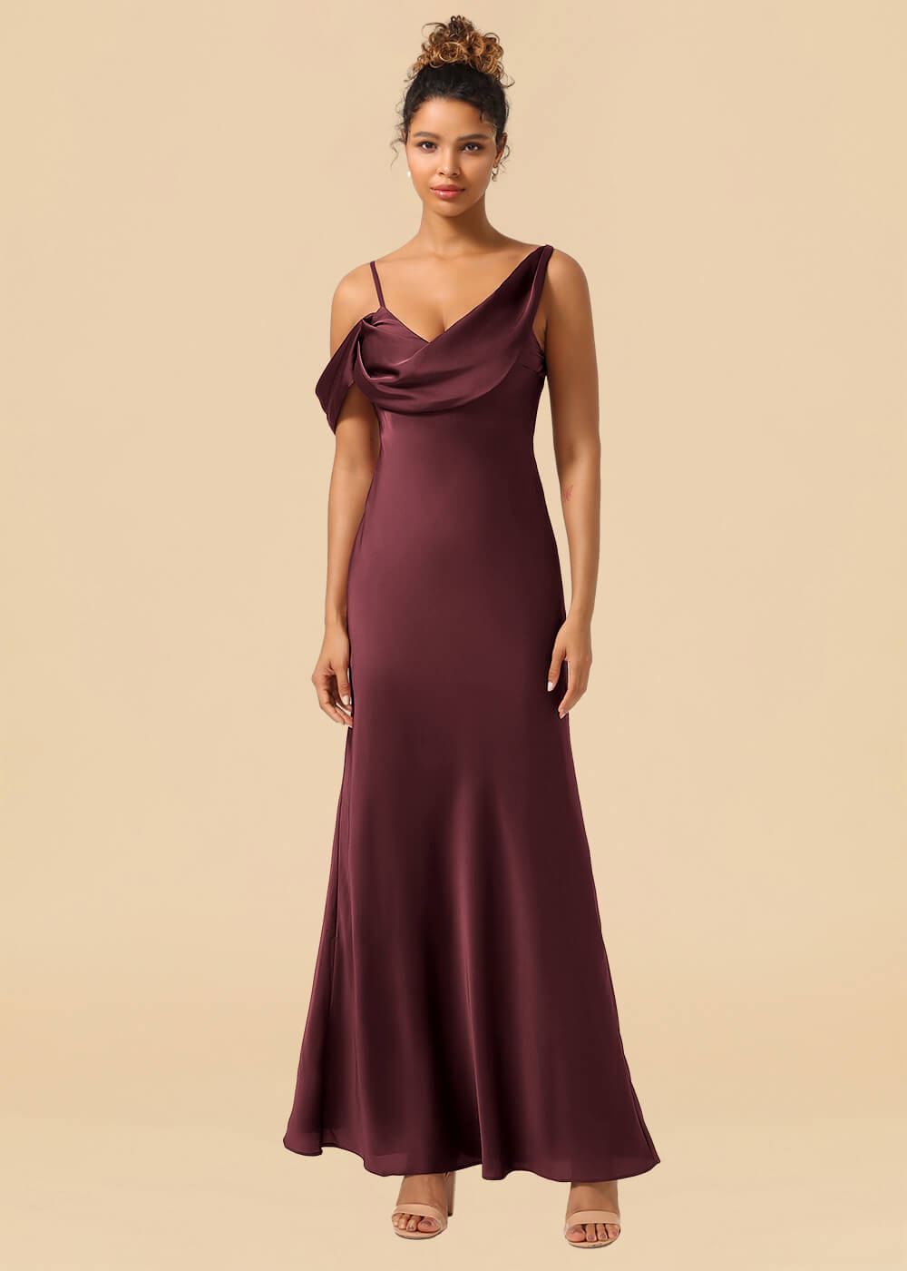 One Shoulder Spaghetti Strap Satin A-line Long Bridesmaid Dress