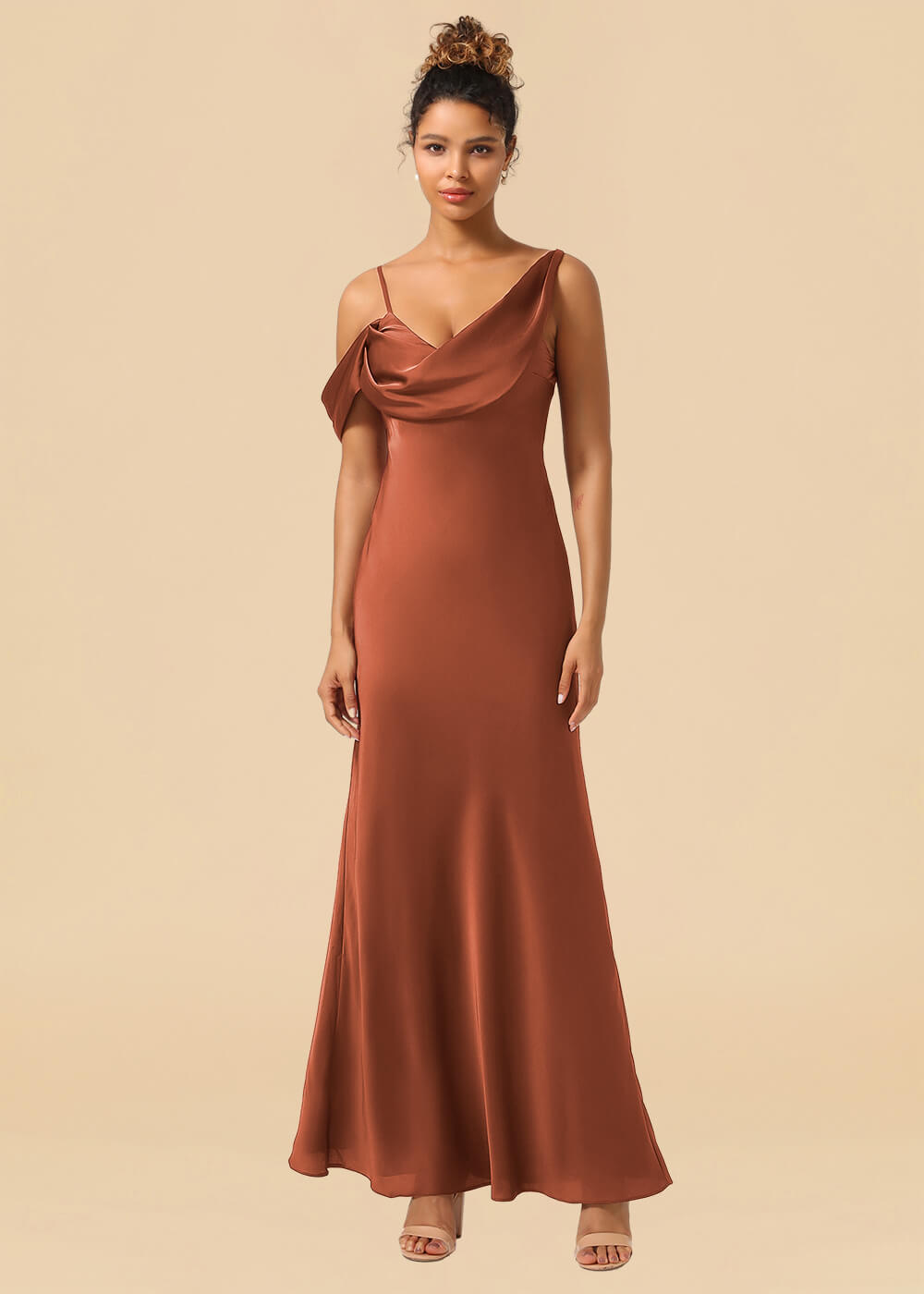 One Shoulder Spaghetti Strap Satin A-line Long Bridesmaid Dress