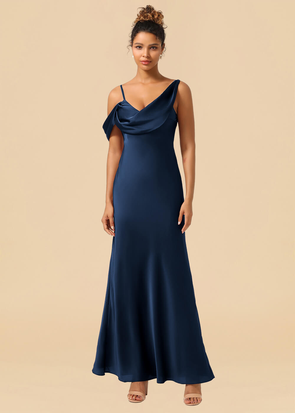 One Shoulder Spaghetti Strap Satin A-line Long Bridesmaid Dress
