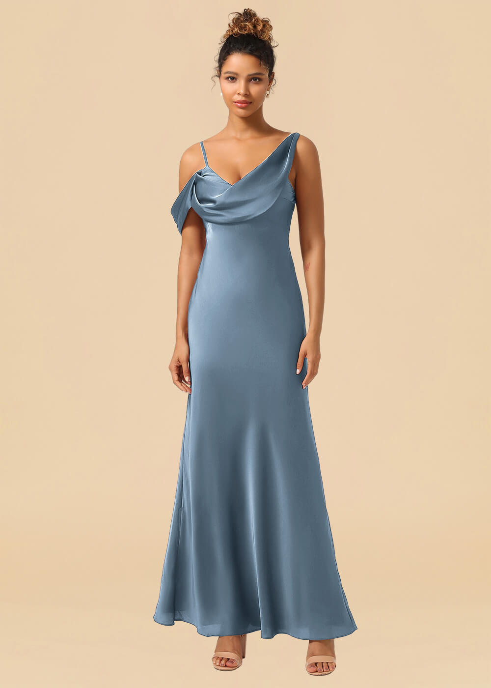 One Shoulder Spaghetti Strap Satin A-line Long Bridesmaid Dress