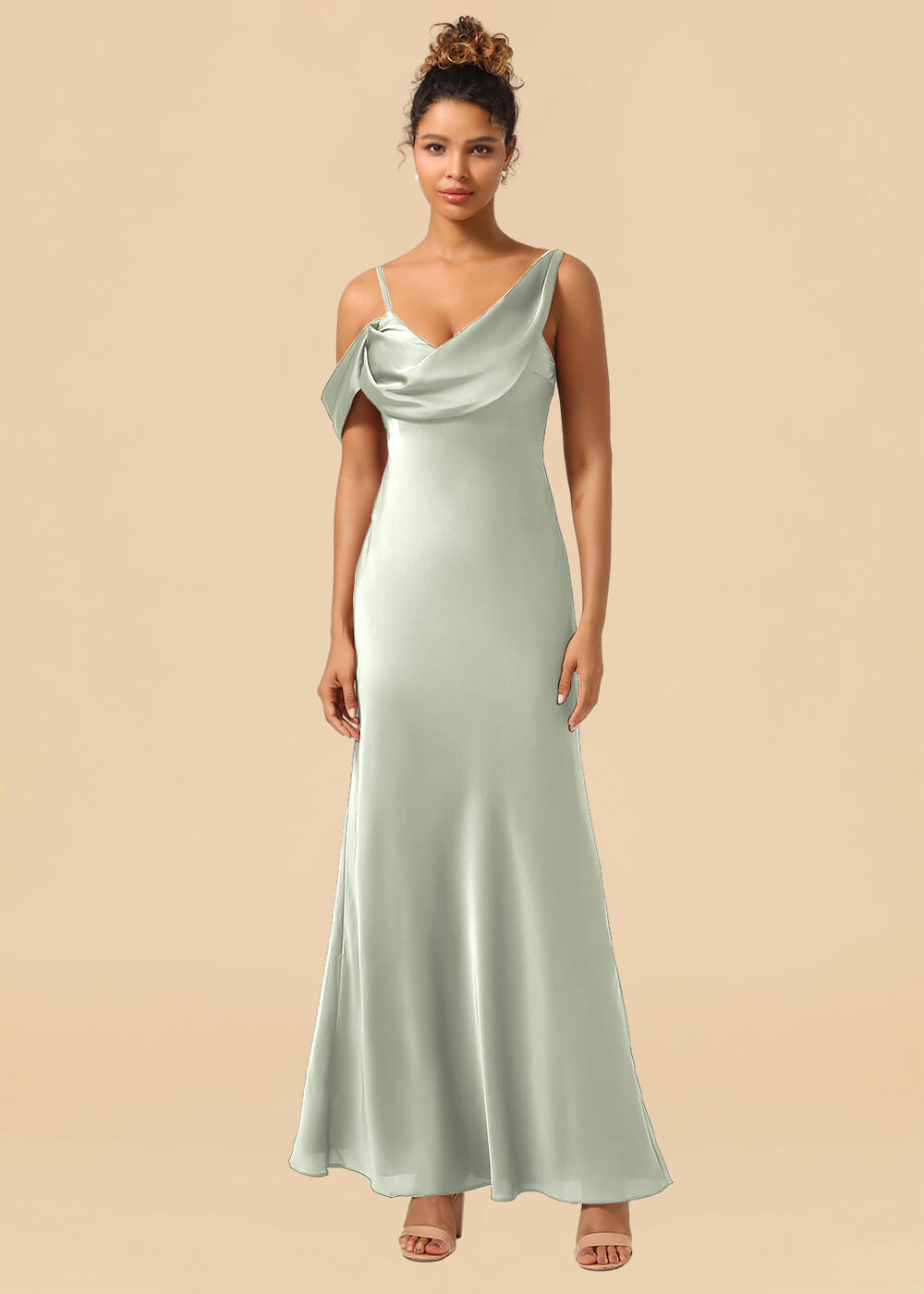 One Shoulder Spaghetti Strap Satin A-line Long Bridesmaid Dress