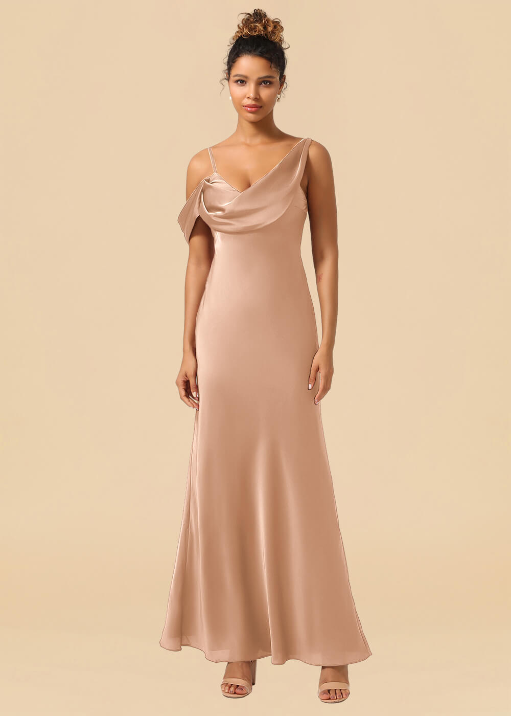 One Shoulder Spaghetti Strap Satin A-line Long Bridesmaid Dress