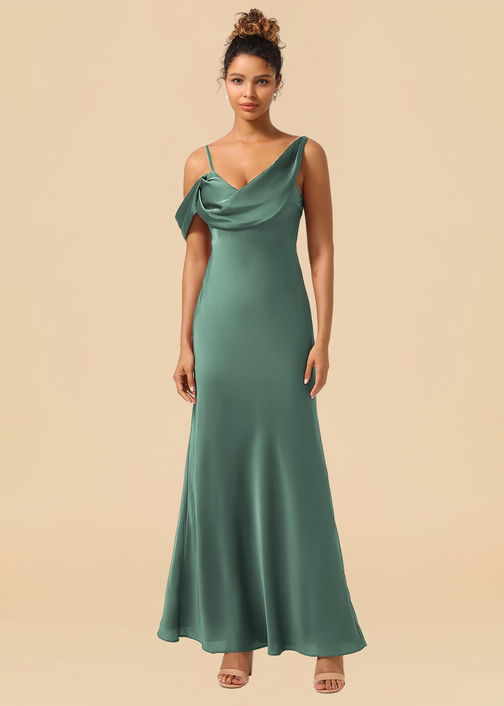 One Shoulder Spaghetti Strap Satin A-line Long Bridesmaid Dress