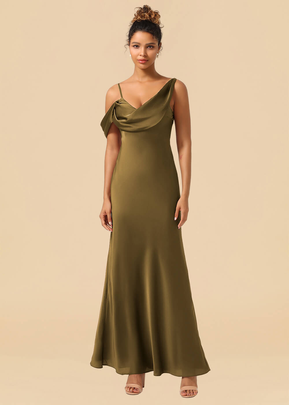 One Shoulder Spaghetti Strap Satin A-line Long Bridesmaid Dress