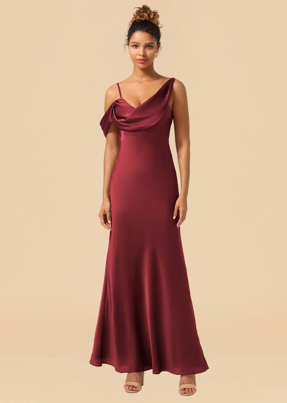 One Shoulder Spaghetti Strap Satin A-line Long Bridesmaid Dress