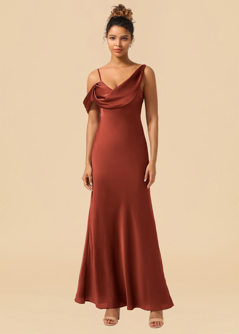 One Shoulder Spaghetti Strap Satin A-line Long Bridesmaid Dress