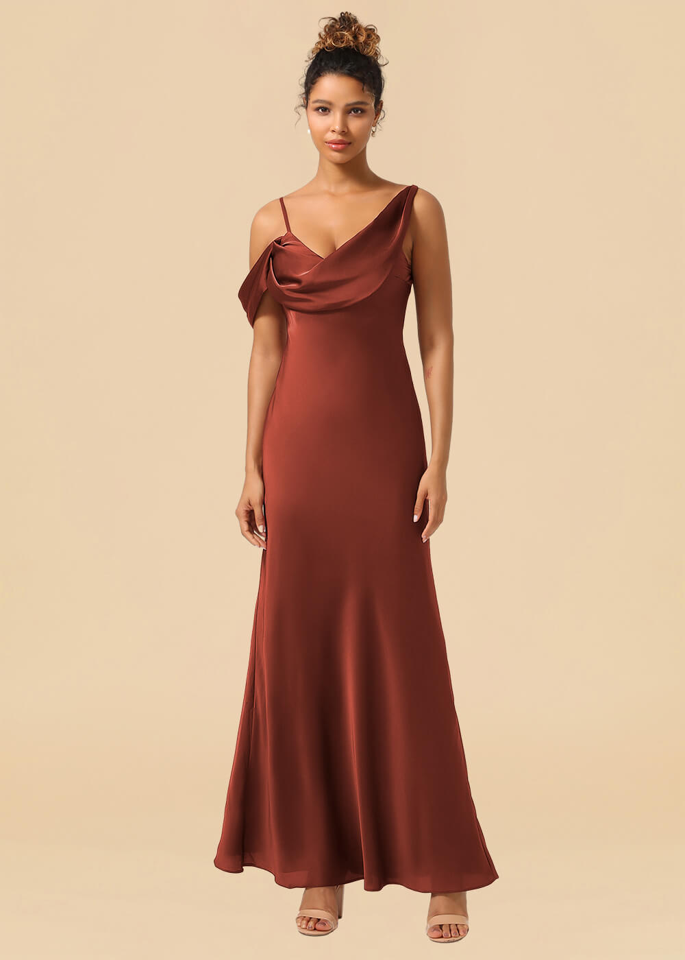 One Shoulder Spaghetti Strap Satin A-line Long Bridesmaid Dress